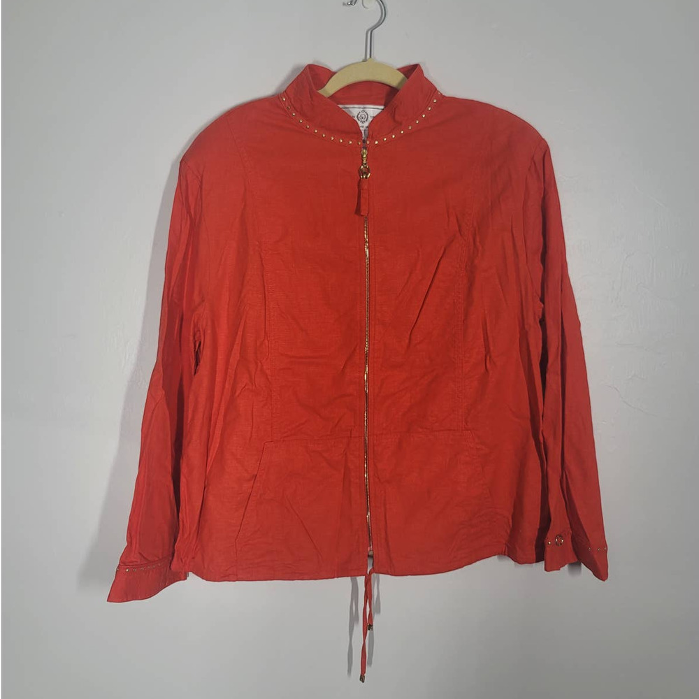 St. John Jacket Size L Double Zipper Long Sleeve Stretch Orange Linen Blend